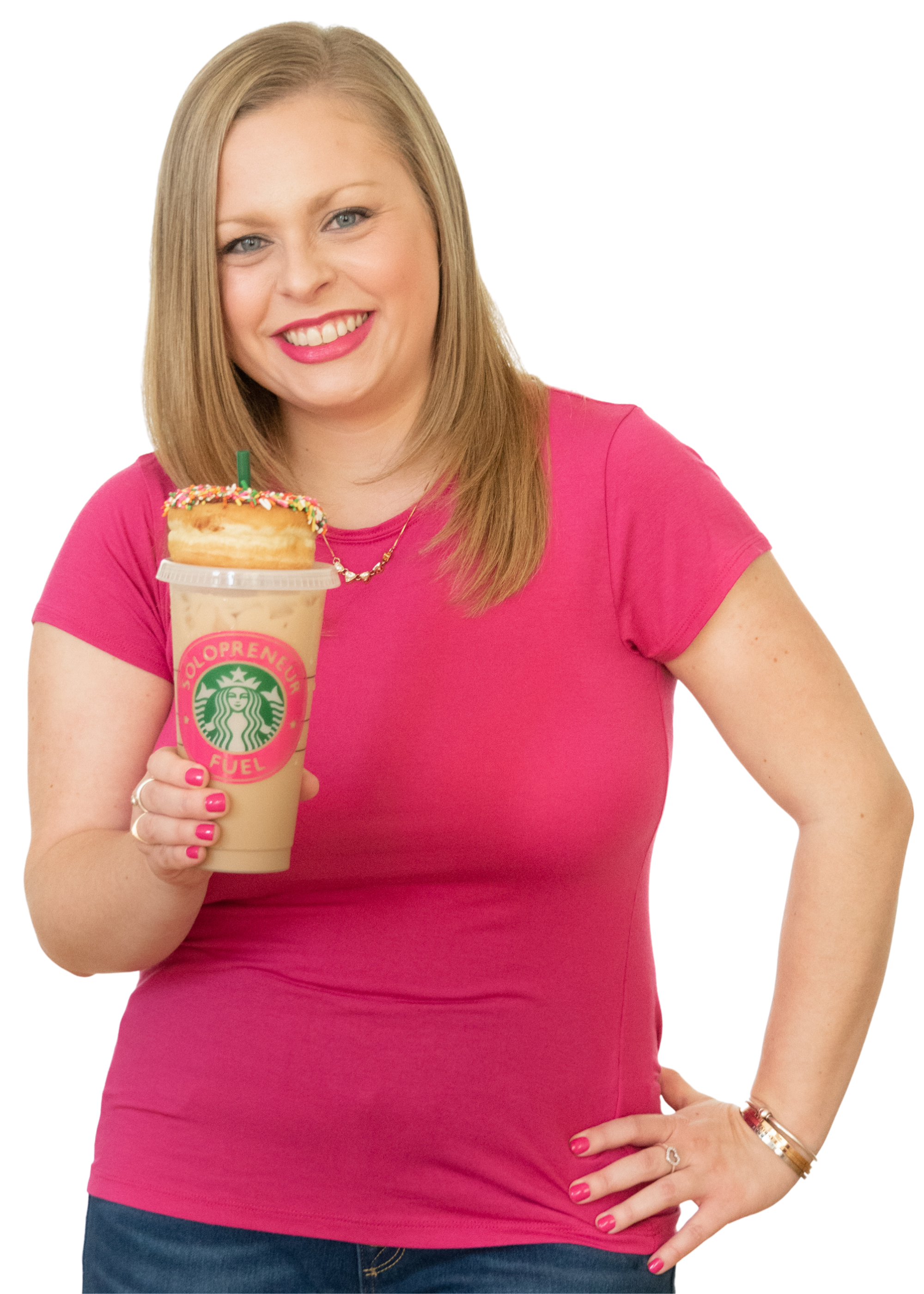 Alexandra of The Productivity Zone in a hot pink shirt holding a custom Starbucks cup that says solopreneur fuel. The cup is filled with iced coffee and has a sprinkle doughnut perched on top.