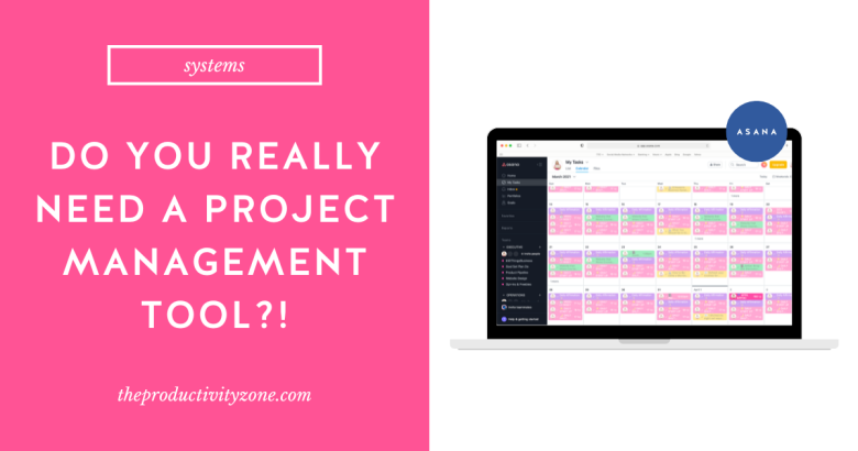 Laptop mockup showing the Asana My Tasks view on a hot pink background with the words "do you really need a project management tool" in bold white letters