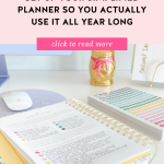 Daily Simplified Planner folded over to show filled in prep work pages on a desk next to a stack of color coding dot stickers