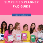 Simplified Planner girls holding 2022 Simplified Planners in Carolina Gingham, Happy Stripe, Dainty Dogwoods, Fuchsia Chinoiserie, Kelly Green Bees, and Navy Hydrangeas
