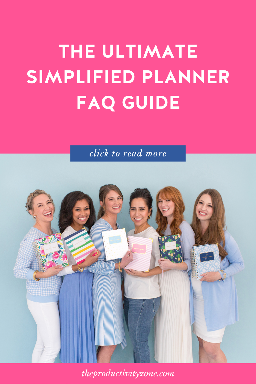 Simplified Planner girls holding 2021 Simplified Planners in Happy Floral, Happy Stripe, Gold Bee, Pink Pinstripe, Pineapple Crest, and Blue Trellis